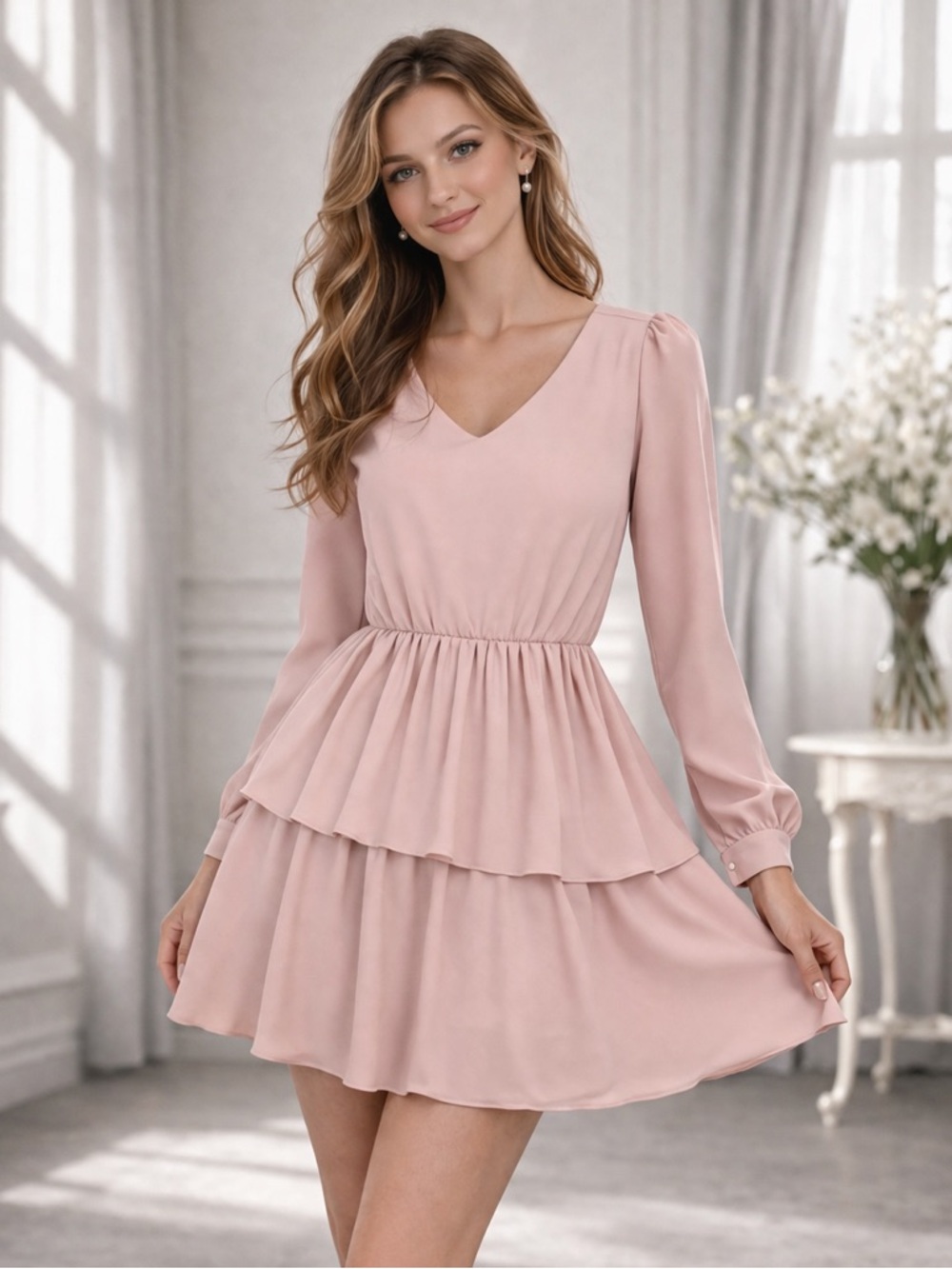 Rebecca Minkoff Jina V Neck Tiered Ruffle Long Sleeve Dress Womens‎ 0 Pale Pink